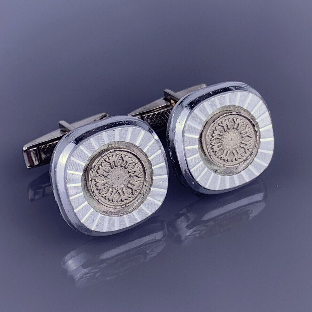 Etched Rays Art Deco Style Cufflinks Silver Tone Flower Trees Square Vintage